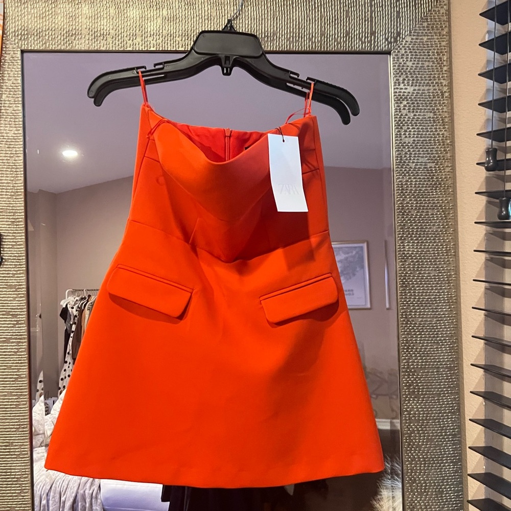 Zara Bold Orange Strapless Dress